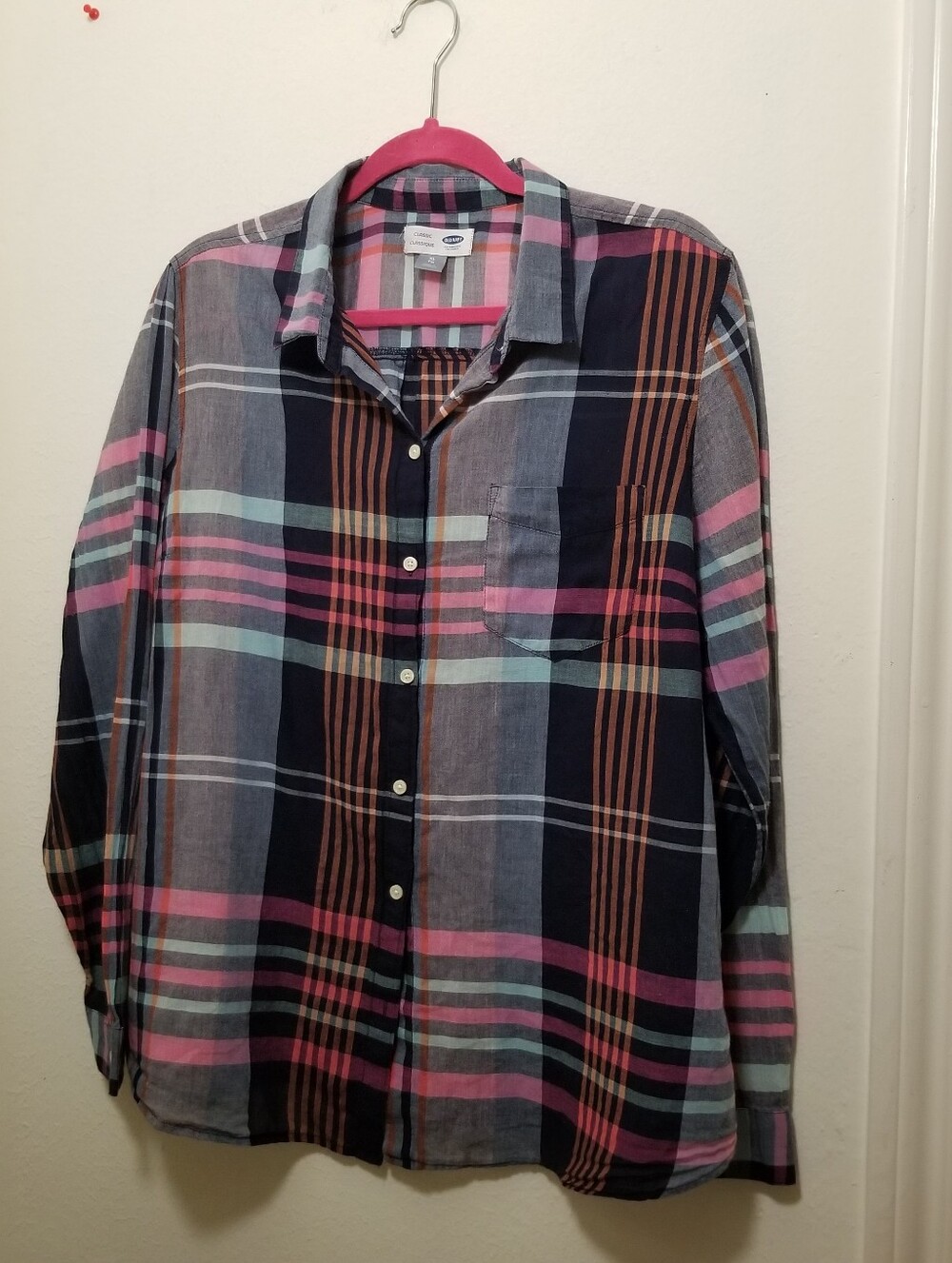 Old Navy Women's XL Multicolor Navy, Pink, Mint & Orange Plaid Button-Down Shirt